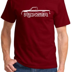 May include: A red t-shirt with a white silhouette of a Ford Ranger pickup truck and the word "RANGER" printed on the front.