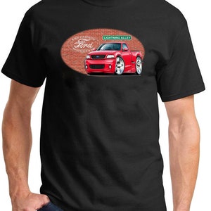May include: Black t-shirt with a cartoon illustration of a red Ford Lightning pickup truck on a brick wall with the text "MELBOURNE FORD" and "LIGHTNING ALLEY".