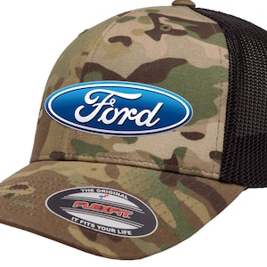 May include: A camouflage trucker hat with a black mesh back. The hat features a blue oval with the word "Ford" in white lettering.