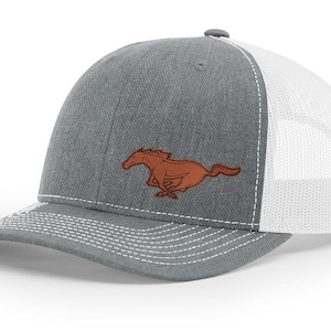 Ford Mustang Running Horse Pony Side Logo Laser Engraved Leather Patch Richardson 112 Snapback Trucker Baseball Hat Cap