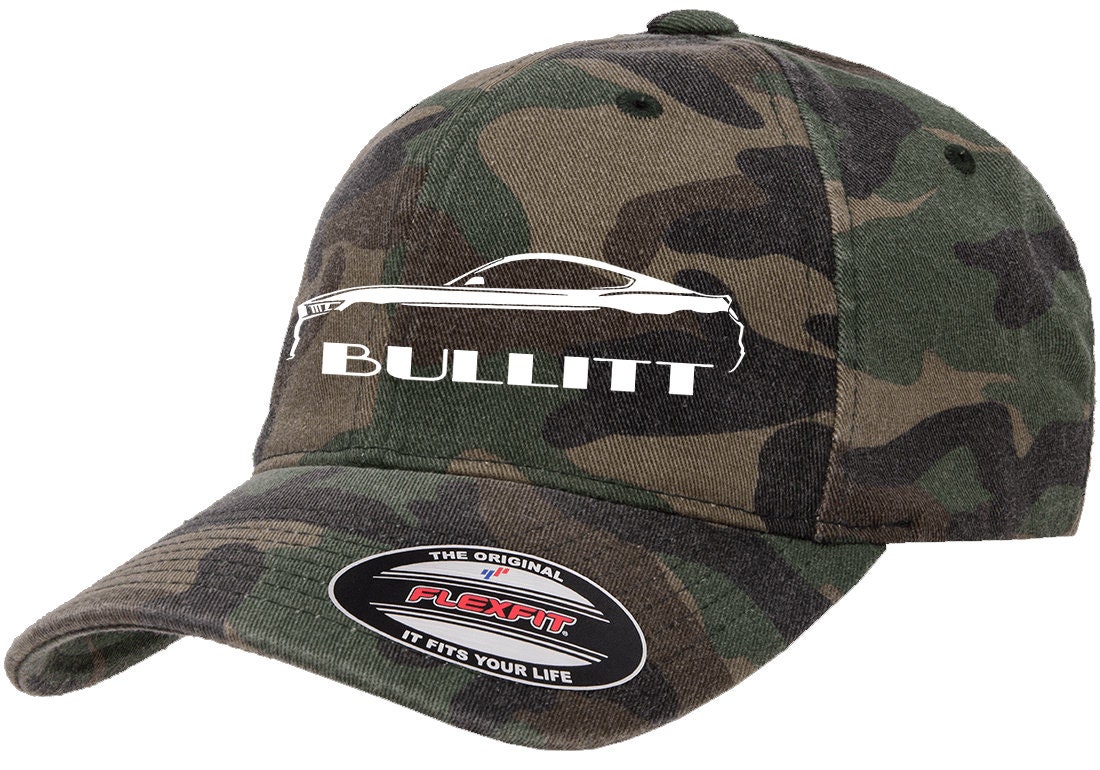 Bullitt Ford Mustang Outline Fitted Hat - Flexfit 6277 Baseball Cap, Olive, Small-Medium - View #14