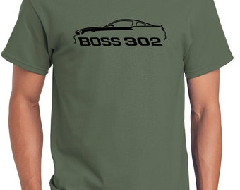 2012-2013 Ford Boss 302 Mustang Classic Outline Print T-Shirt - Gold Design, Unisex Heavy Cotton (Large)