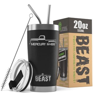 May include: A black stainless steel tumbler with a white outline of a vintage pickup truck and the text "Mercury M-100". The tumbler has a black lid and a matching black straw. The tumbler is part of a set that includes a cleaning brush and a second straw. The box for the set is brown with the text "Beast" in large white letters and "20oz 550ml" in smaller white letters. The box also has the text "Stainless Steel Vacuum Insulated Tumbler Set" in smaller white letters.