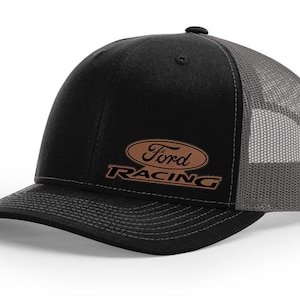 May include: Black and gray trucker hat with a brown oval logo that says "Ford Racing".
