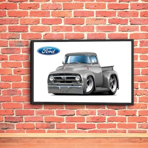 May include: A vintage grey Ford pickup truck with a white background and the word "Ford" in blue lettering above the truck.