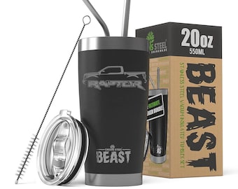May include: A black 20oz stainless steel tumbler with a white Ford Raptor silhouette and the text "RAPTOR" and "BEAST". The tumbler comes with a lid, a straw, and a cleaning brush.