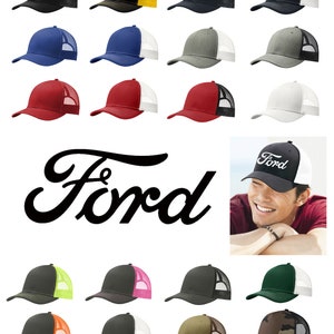 May include: A collection of trucker hats in various colors, including black, blue, red, white, green, and camouflage. The hats have a mesh back and a solid front panel. The hats are arranged in rows of three. The word "Ford" is written in a stylized font on a black and white trucker hat.