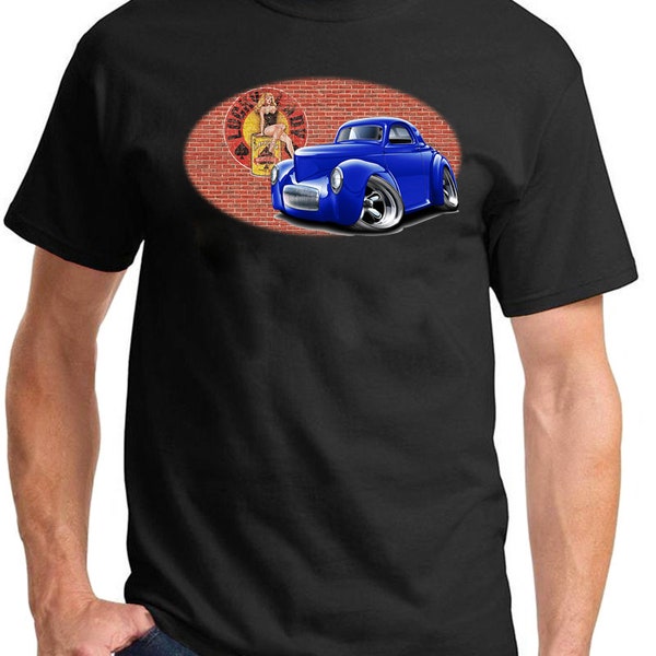 1941 Willys Hot Rod Blue Car Brick Wall Full Color Design Tshirt