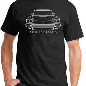 May include: Black t-shirt featuring a white outline of a 1950s Ford Thunderbird car with the text "THUNDERBIRD" underneath.