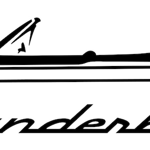 May include: Black and white silhouette of a classic Ford Thunderbird convertible with the word "Thunderbird" written underneath.