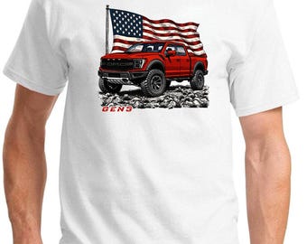 2021-25 Ford Raptor Rapid Red Truck Patriotic Flag Design Full Color Tshirt
