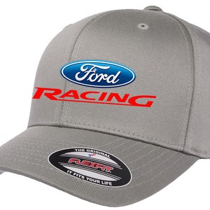 May include: Gray baseball cap with a blue and white Ford logo and red "Racing" text. The cap has a Flexfit label on the back.