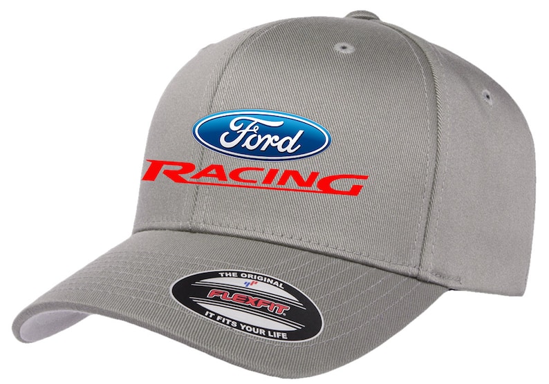 May include: Gray baseball cap with a blue and white Ford logo and red "Racing" text. The cap has a Flexfit label on the back.