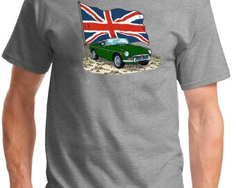 Camiseta gris con diseño de la bandera británica del MG MGB Convertible (1970-74)