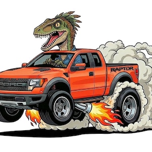 May include: Cartoon illustration of an orange Ford Raptor pickup truck with a dinosaur driver. The truck features large tyres, flames, and smoke effects. The word "RAPTOR" is visible on the truck bed.