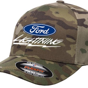 May include: A camouflage baseball cap with a blue oval Ford logo and white "Lightning" text.