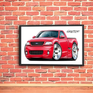 May include: A red Ford F-150 Lightning pickup truck cartoon illustration with the word "Lightning" in white text on the side of the truck bed.