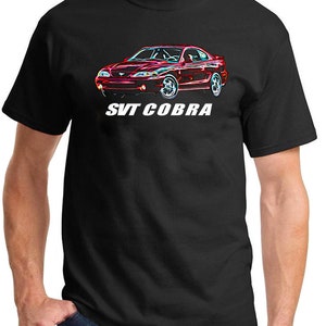 May include: A black t-shirt with a red Ford Mustang SVT Cobra graphic and the text "SVT Cobra" printed in white.