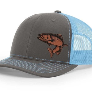 Trout Fishing Hat Laser Engraved Leather Patch Richardson 112 Snapback Trucker Baseball Cap