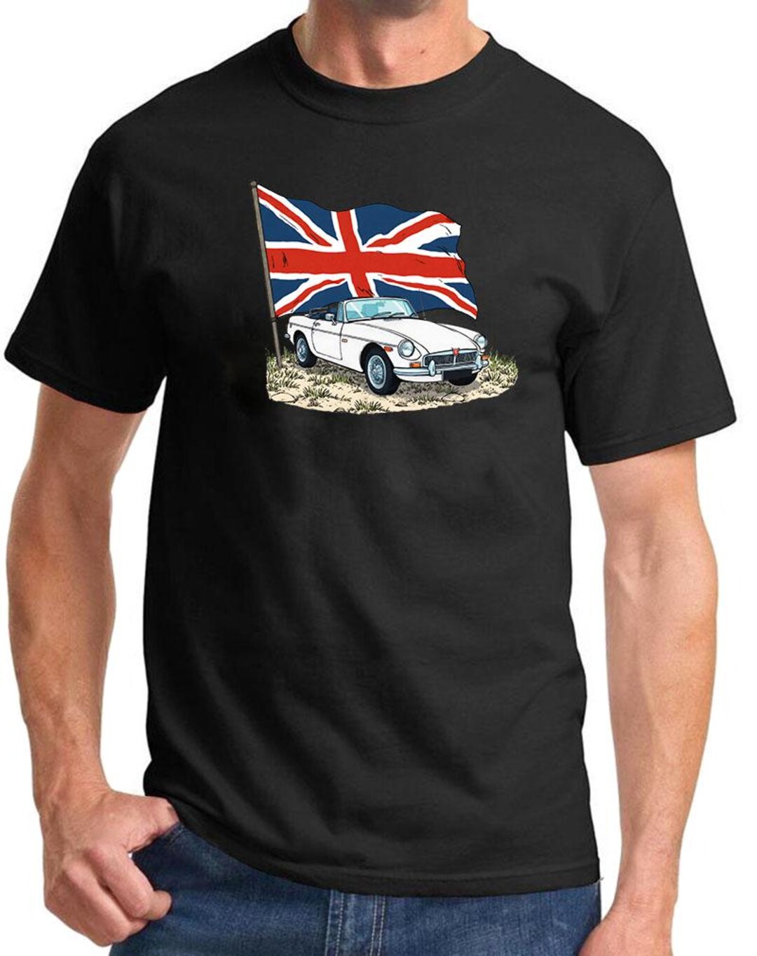 1970 74 MG MGB Convertible Sports Car British Flag Design Black Tshirt 1970-74-mg-mgb-convertible-sports-car-british-flag-design-black-tshirt