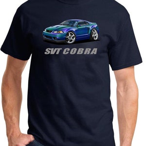 May include: A navy blue t-shirt with a cartoon illustration of a blue and green Ford Mustang SVT Cobra. The text "SVT Cobra" is printed below the car.