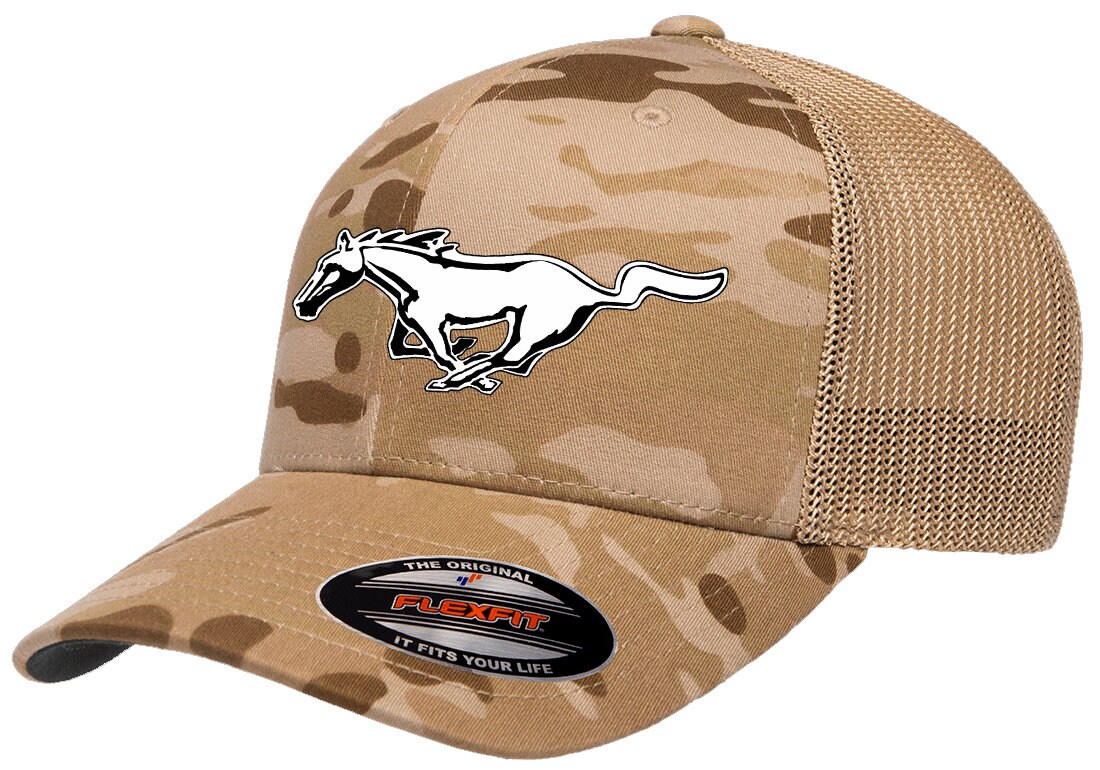 1969 Ford Mustang Outline Trucker Hat - Flexfit Mesh Cap | Classic Car Design Fitted Baseball Cap