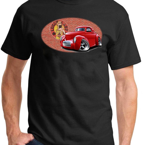1941 Willys Hot Rod Red Car Brick Wall Full Color Design Tshirt