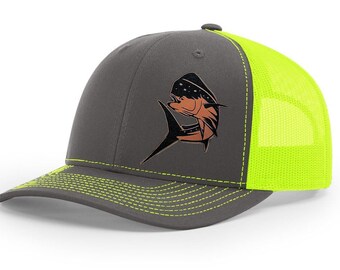 Mahi Mahi Laser Engraved Leather Patch Hat | Richardson 112 Snapback Trucker Cap