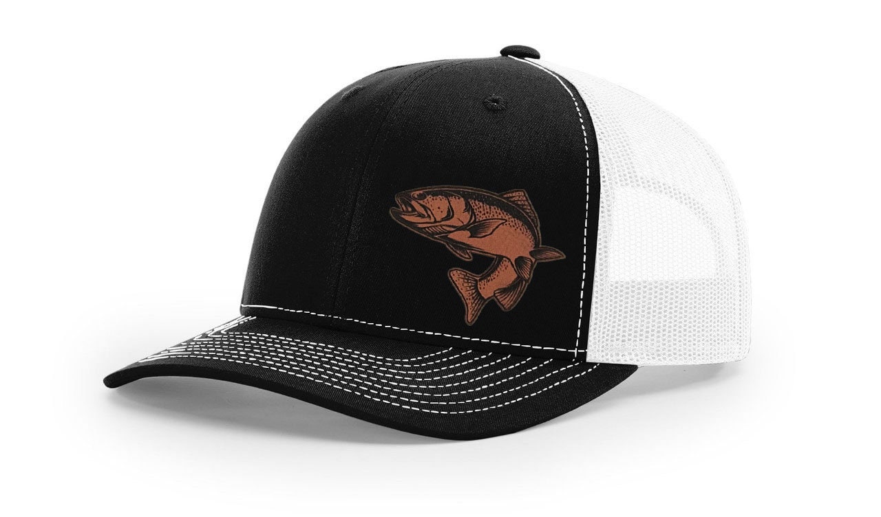 Trout Fishing Hat Laser Engraved Leather Patch Richardson 112 Snapback Trucker Baseball Cap