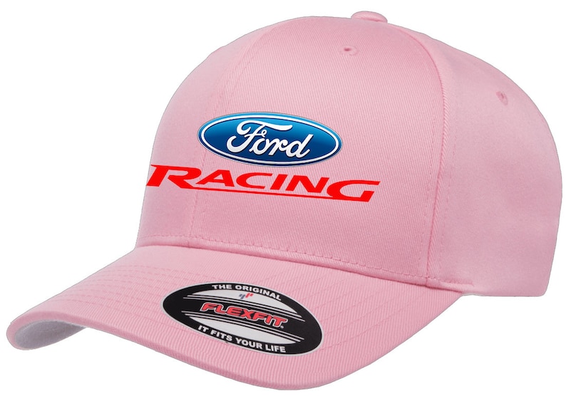 May include: Pink baseball cap with a blue Ford logo and red "Racing" text.