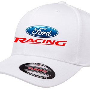 May include: White baseball cap with a blue and white Ford Racing logo. The cap has a Flexfit label on the underside of the brim.
