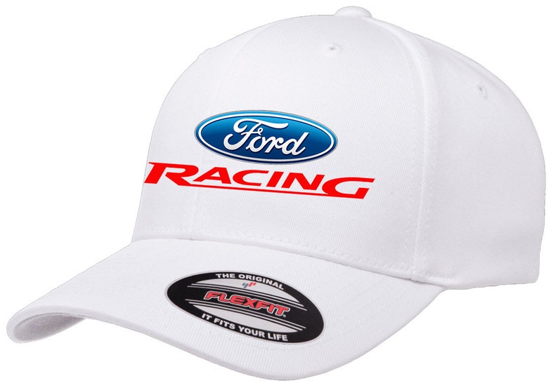 May include: White baseball cap with a blue and white Ford Racing logo. The cap has a Flexfit label on the underside of the brim.