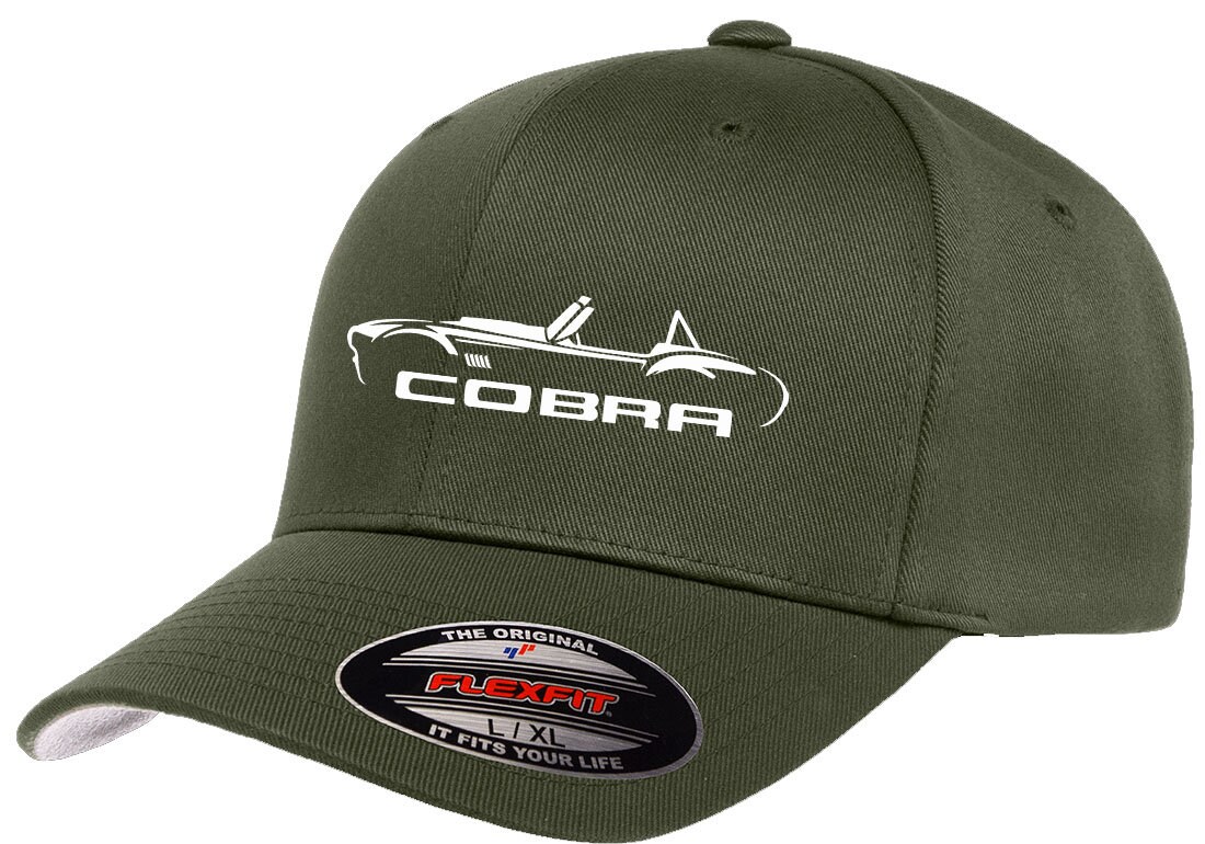 Flexfit 6277 Fitted Baseball Hat – Shelby Cobra Outline Design, Olive Green S/M Size