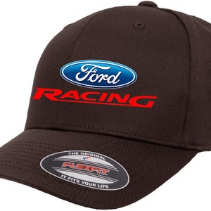 May include: A brown baseball cap with a blue and white Ford logo and red "Racing" text. The cap has a Flexfit label on the back.