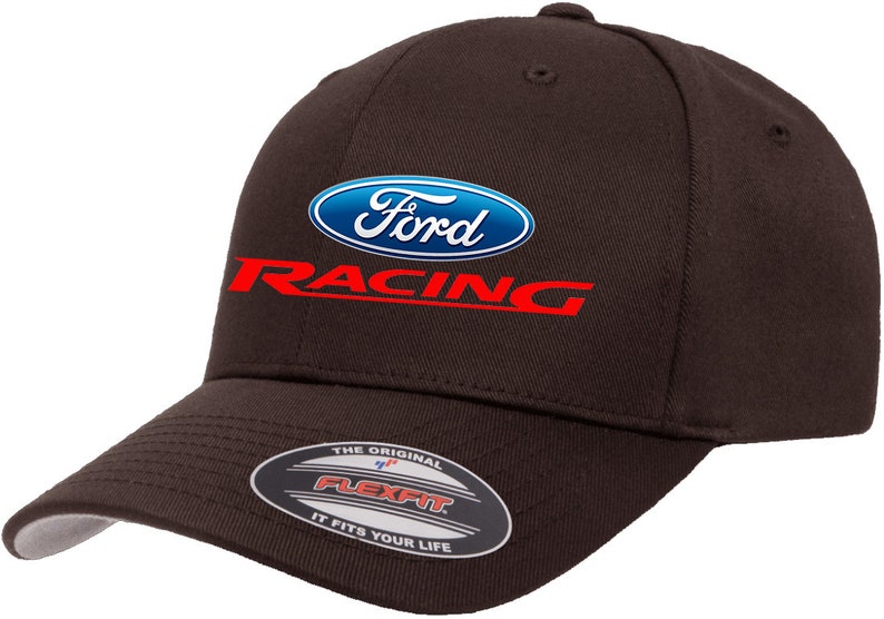 May include: A brown baseball cap with a blue and white Ford logo and red "Racing" text. The cap has a Flexfit label on the back.