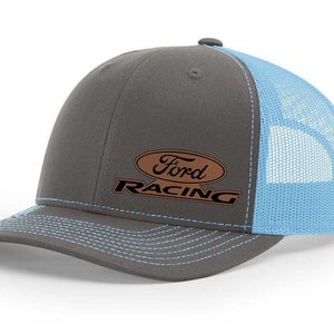 Ford Racing Hat, Laser Engraved Leather Patch, Richardson 112 Trucker Cap