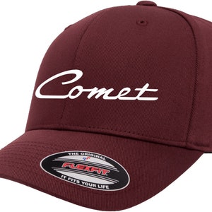 May include: A maroon baseball cap with a white embroidered "Comet" logo. The cap has a Flexfit label on the back.