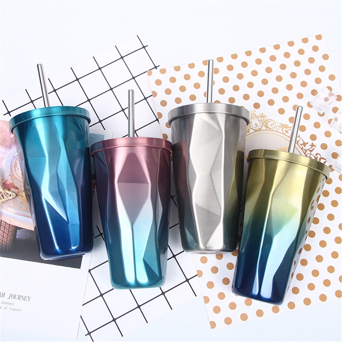 Gently colored diamond cup with strawVacuum Insulated Double Etsy