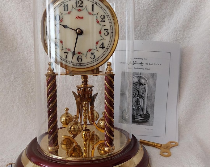 VINTAGE Kundo ANNIVERSARY CLOCK Dark Garmet Red Pearl Base and Pillars