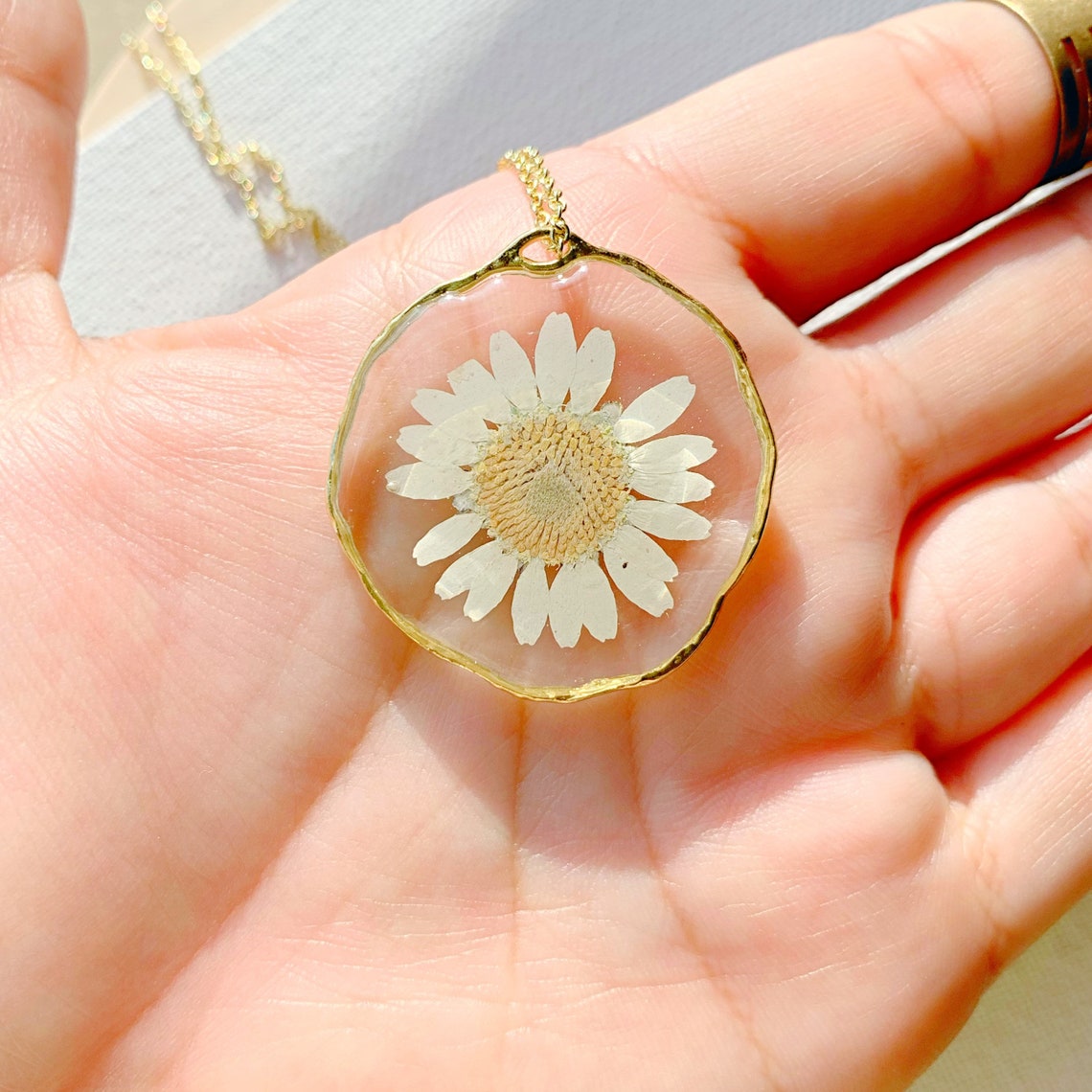 Gold Daisy necklace April birth flower necklace pressed Etsy