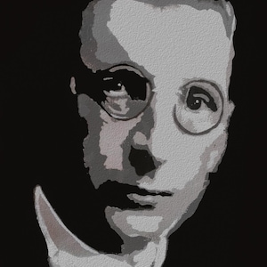 May include: Black and white portrait of a man wearing a monocle and glasses. The man has a serious expression on his face.