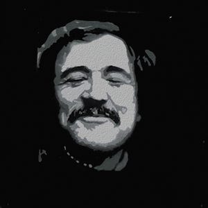 May include: Black and white portrait of a man with a moustache and a slight smile. The man's face is the focus of the image, with the background being a solid black.