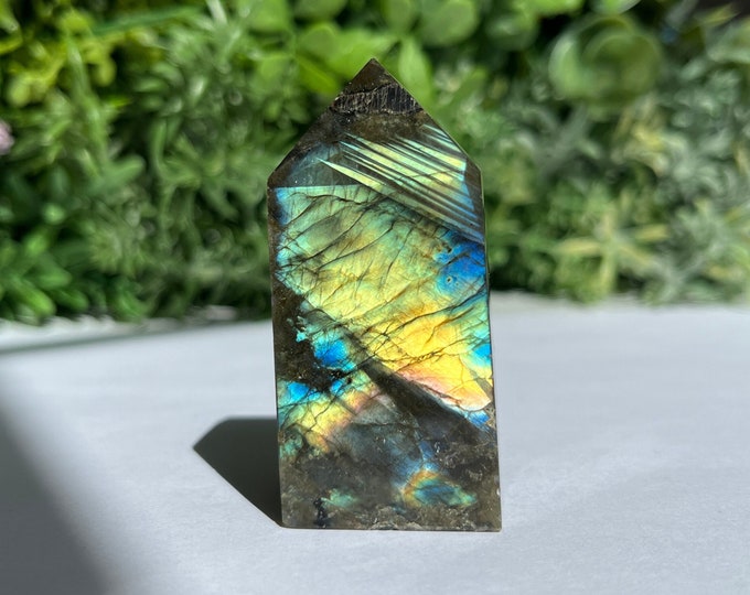 Labradorite Crystal Point Tower Faceted Golden Flash