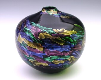 Segmented wooden vase, vessel with iridescent paint and lacquered finish