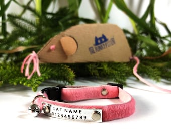 Pink leather breakaway cat collar with optional bell, custom cat gift soft collar, cute cat name collars
