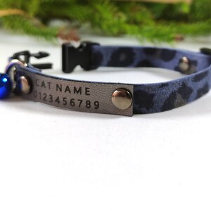 Custom id dark blue animal print cat collar with optional bell