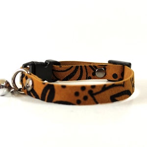soft brown leather flower cat collar, custom id , kitten name collar with bell