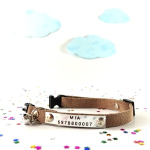 Personalized kitten id tag collar, soft beige suede leather custom cat name breakaway collar