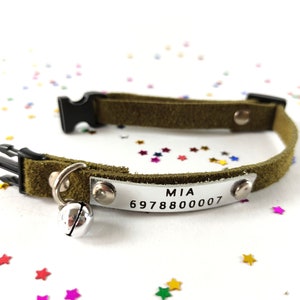 Khaki soft suede cat personalised breakaway collar, custom name tag kitten collar