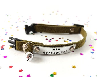 Khaki soft suede cat personalised breakaway collar, custom name tag kitten collar